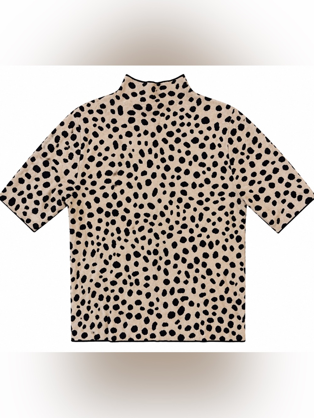 Ann Taylor Beige Mock Neck Short Sleeve Top with Black Spots